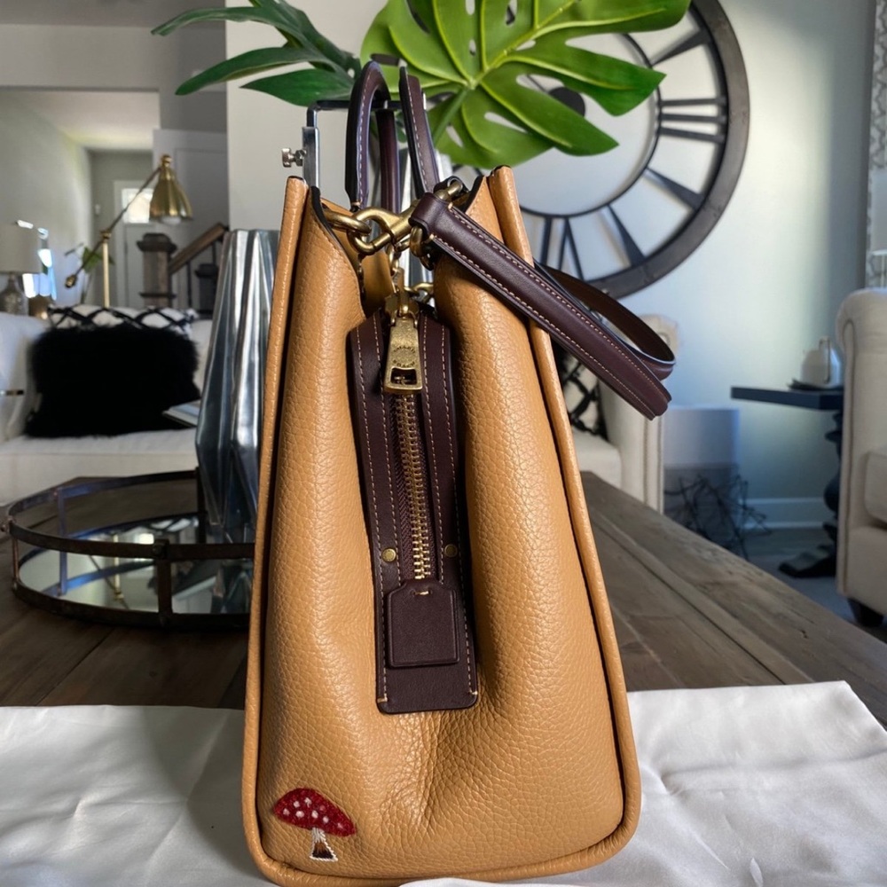 Coach Rouge 39 Tan Tote with Animal Creature Patches: Owl Turtle Cat Mushroom - Picture 12 of 14